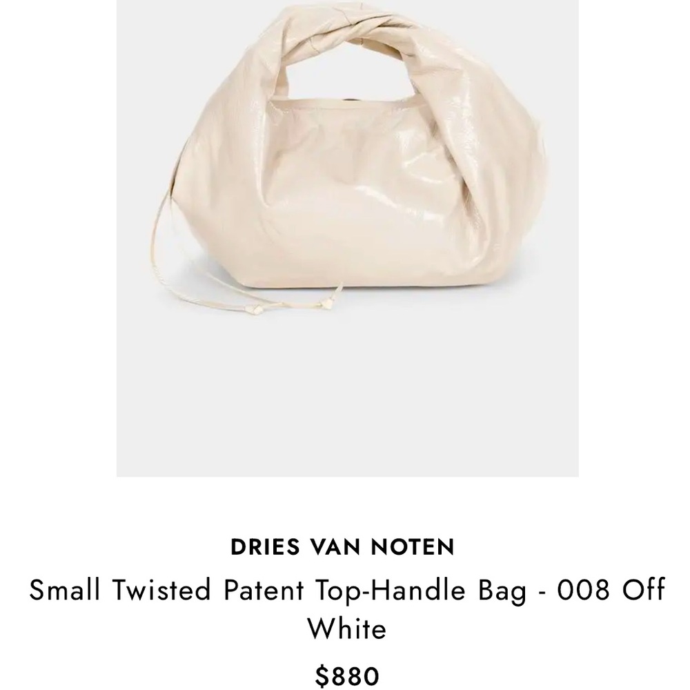 NWT, Dries Van Noten small, off-white patent, twisted tophandle bag (Bergdorf’s)